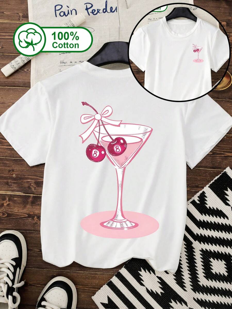 Maglietta a maniche corte in 100% cotone, con stampa a doppia faccia di bicchieri di vino e ciliegie, adatta per uso casual quotidiano, abbigliamento estivo, stampa a motivi per donna. Colore: bianco - Bianco - Visualizzare 1