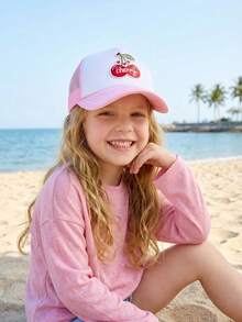 1顶女童刺绣红色樱桃网眼棒球帽，季节性透气遮阳帽，夏季卡车帽 - 1PC - 查看 12