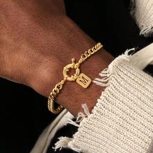 1pc New Fashion Rectangle Initial Pendant Spring Buckle Golden Stainless Steel Cuban Chain Bracelets For Men - Yellow Gold - View 1