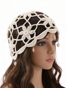 1 pieza Gorro de punto hecho a mano con diseño de flor hueca tipo jade para mujer, adecuado para uso diario en primavera, verano y otoño - A - Ver 1