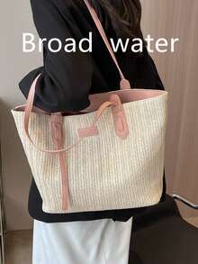Large Capacity Woven Tote Bag For Women, Casual Commuter Shoulder Handbag With High-End Feel - Pink - View 2
