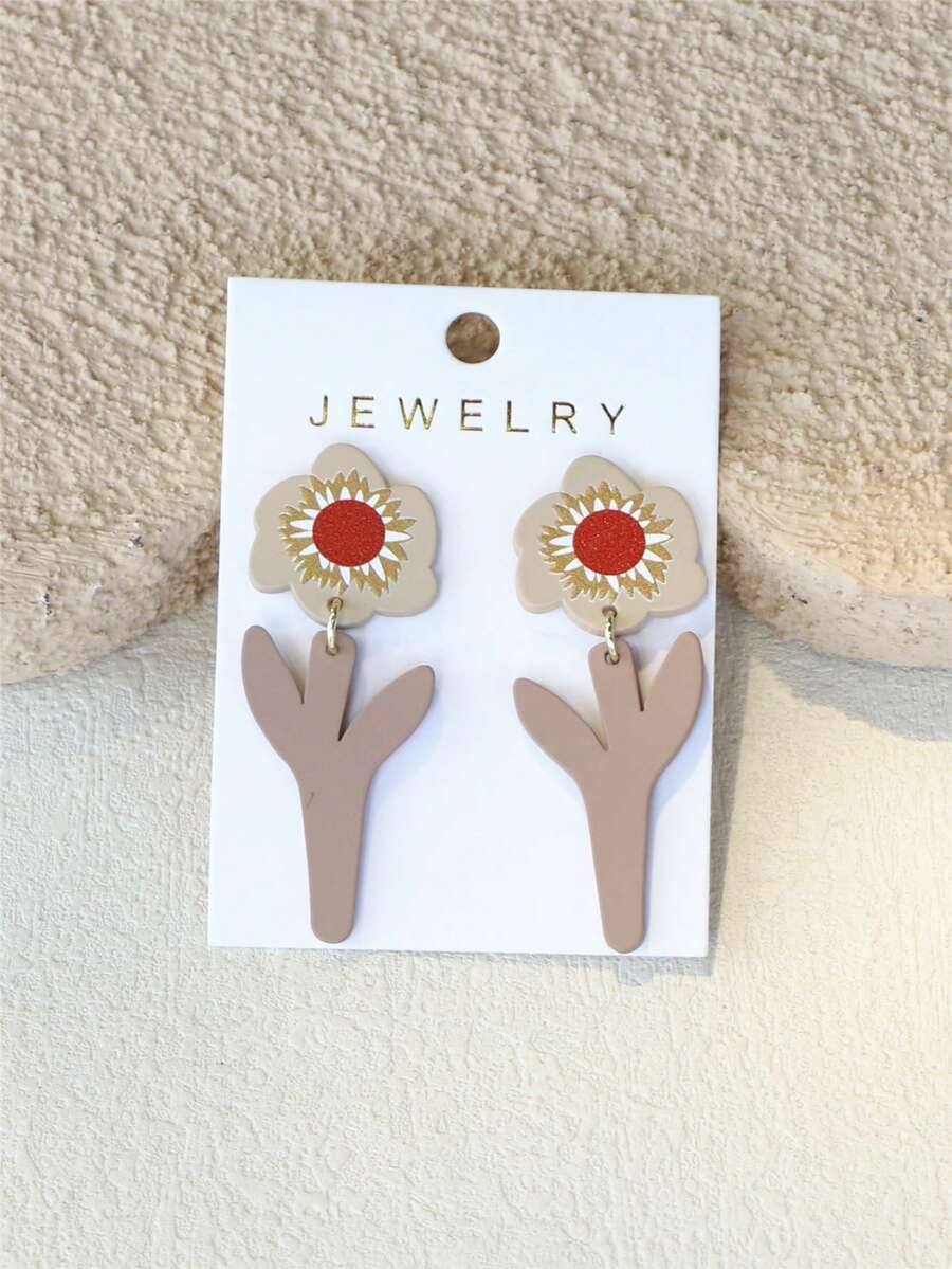 1 Pair Women's Floral Print Light Brown Ceramic Texture Vivid Cute Flower Acrylic Earrings - Multicolor - View 1
