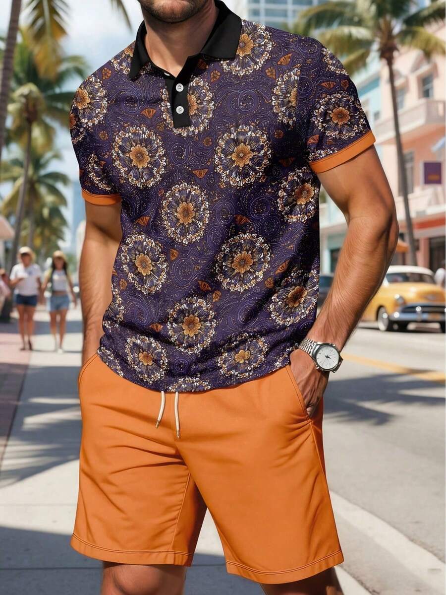 Bộ áo polo và quần short nam phong cách retro thường ngày dành cho kỳ nghỉ. - Nhiều màu - Xem 1