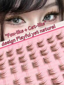 Asiteo 60/120/180pcs C-Curl Brown Cartoon Self-Adhesive False Eyelashes, No Glue Needed, Soft & Natural, Suitable For Beginners, "Fox + Kitten" Design, Cute & Playful Yet Natural Cartoon Series Segmented False Eyelashes - C - View 1