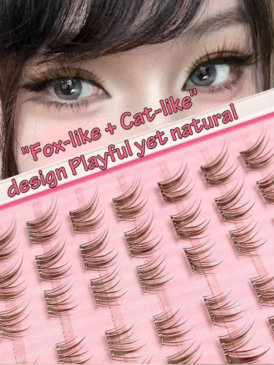 Asiteo 60/120/180pcs C-Curl Brown Cartoon Self-Adhesive False Eyelashes, No Glue Needed, Soft & Natural, Suitable For Beginners, "Fox + Kitten" Design, Cute & Playful Yet Natural Cartoon Series Segmented False Eyelashes - C - View 1