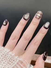 10pcs/Set Press On Nail Cap, Cocoa Star Wish. Winter And Spring Coffee Colored Glittery Glass Bead Cat Eye Hand Painted Checkered Handmade Wearable Nail. Press On Nails - Multicolor - View 2