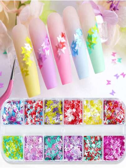 12 Compartimentos de Lentejuelas de Mariposa de Perla de Colores Variados para Decoración de Uñas, Decoraciones de Brillo de Uñas de Colores Caramelo, Uñas de Primavera/Verano