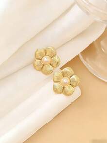 Pendientes de botón elegantes para mujer con rayas, flores, perlas y acero inoxidable dorado - Perfectos para vacaciones, viajes y fiestas, también un regalo ideal para ocasiones especiales o cumpleaños - Dorado - Ver 6