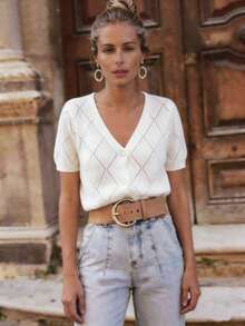 Solid Color Knit Fabric Hollow Out Ribbed Front Button Sweater Top, Loose Casual Elegant For Daily Wear, Spring/Summer White - White - View 5