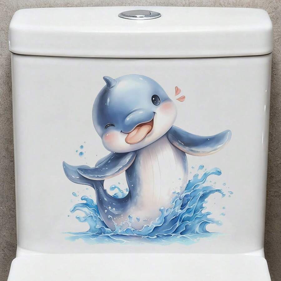 1/2 pièces Autocollants de toilette mignons et ludiques avec dauphins océaniques et éclaboussures d'eau, décalcomanies amovibles et auto-adhésives en PVC imperméable, convenant à la décoration de la salle de bain, du siège et du réservoir des toilettes. - Autocollants pour toilettes - Voir 1