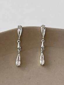 1 Pair Elegant Luxury Fashion Versatile Silver Water Drop Earrings, Suitable For Women's Daily And Holiday Wear - Silver - View 4