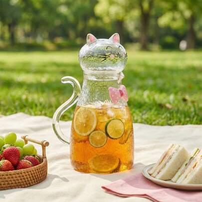 Bình thủy tinh hình mèo dung tích 1,8 lít (60 oz) có nắp và tay cầm, bình đựng nước nóng/lạnh, bình lớn đựng trà đá, cà phê, nước ép và đồ uống tự làm.