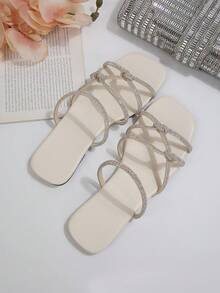 Neue Sommer Ankunft Luxus Flache Sandalen mit gekreuzten dünnen Riemen & Strass Design, schlank & sanft, geeignet für Outdoor, Reisen, Pendeln, Mode & vielseitig - Weiss - Übersicht 4