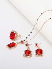 Bộ trang sức 4 món đơn giản hình vuông đính đá cho nữ, bao gồm bông tai, dây chuyền và nhẫn, trang sức thời trang hàng ngày (Không kèm hộp quà) - Nhiều màu - Xem 4