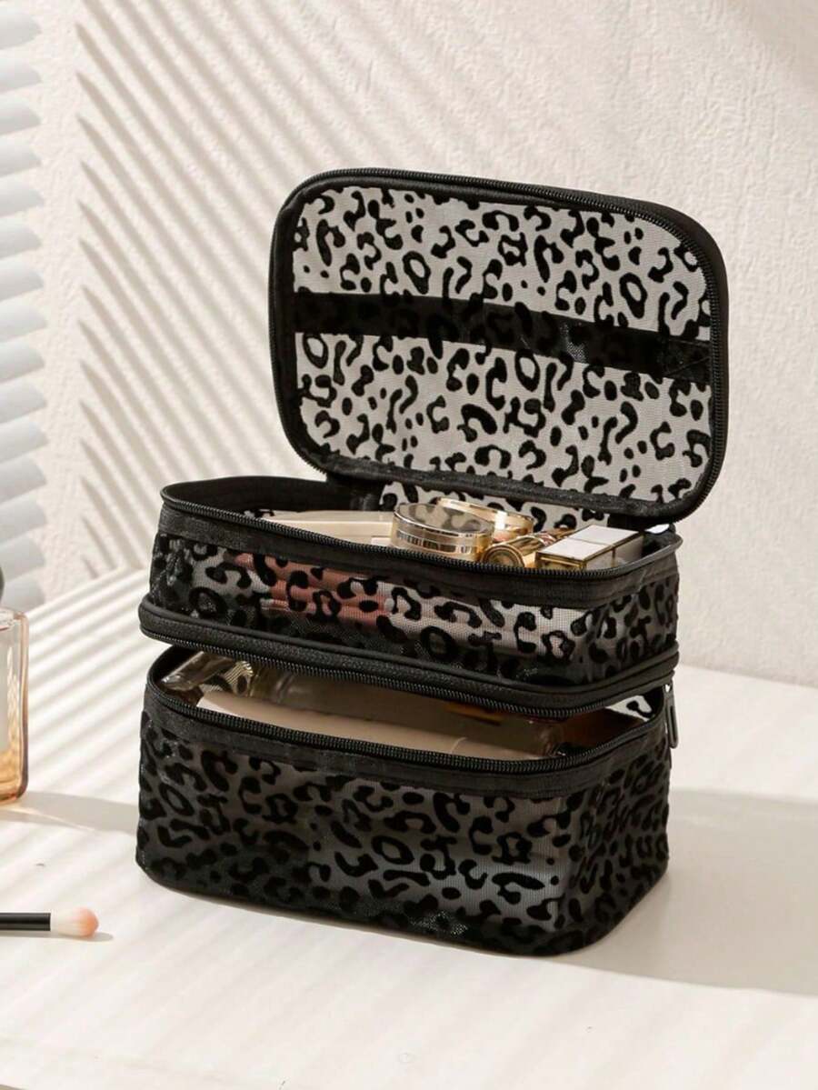Double Layer Mesh Transparent Cosmetic Bag, Multi-Functional Toiletry Organizer Pouch, Daily Casual Zipper Design - Black - View 1