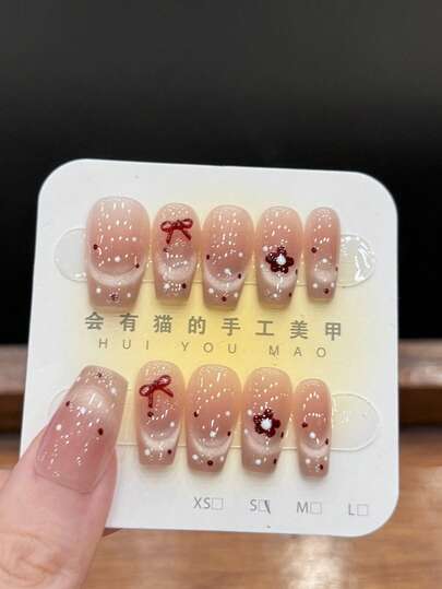 10片/套 甜美浆果风格的按压式美甲贴片，超闪亮的猫眼美甲上手绘花朵，这些都是手工制作的时尚可佩戴美甲！