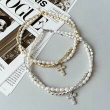 A Baroque Faux Pearl Necklace Diamond Cross Pendant Clavicle Chain Suitable For Women Daily Wear - Multicolor - View 3