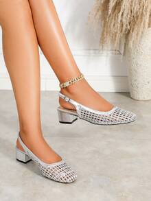 2026 Women's Silver Metal Woven Ankle Strap Low Vamp Shoes, Square Toe Chunky Heel Mesh Sandals, Suitable For Party, Wedding, Banquet - Silver - View 2