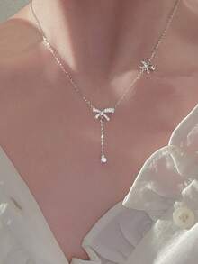 5pcs Elegant Design Necklace Set With Bow, Diamond, Flower, Waterdrop Pendants, Minimalist Versatile Pearl Choker Necklace, Suitable For Daily Wear - Flower-shaped - View 2