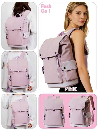 1 Pc Stylish Roll-Top Large Capacity Backpack. Multi-Compartment Storage Backpack With Laptop Compartment & Front Zipper Pocket. Water-Resistant Fabric Travel Backpack With Luggage Strap. Contrast Color Design Casual Daypack For Women & Men. Spacious Interior Holds Laptops