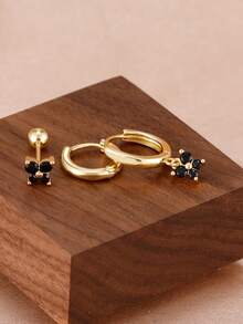 3pcs/Set 18K Gold Plated Black Obsidian & Cubic Zirconia Butterfly Earrings, Shiny Crystal Ear Cuff Earrings, Hypoallergenic Jewelry For Women - 3PCS-gold - View 3