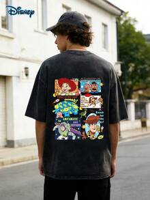 Disney Cartoon Character Collage Printed Short Sleeved Shirt, Toy Story Character Collection Printed Top, Disney Cartoon Character Creative Printed Top, Men's Summer T-Shirt, Summer Daily Commuting Outfit - 黑色 - 查看 2