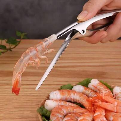 1 pieza Pelador rápido de camarones de acero inoxidable - Diseño ergonómico, elimina fácilmente las cáscaras y venas de los mariscos, adecuado para restaurantes, hoteles y cocina en el hogar, portátil, decorativo, utensilios de cocina a granel, vajilla, menaje de cocina de hotel, herramienta compacta, material resistente a la oxidación, herramienta para desvenas