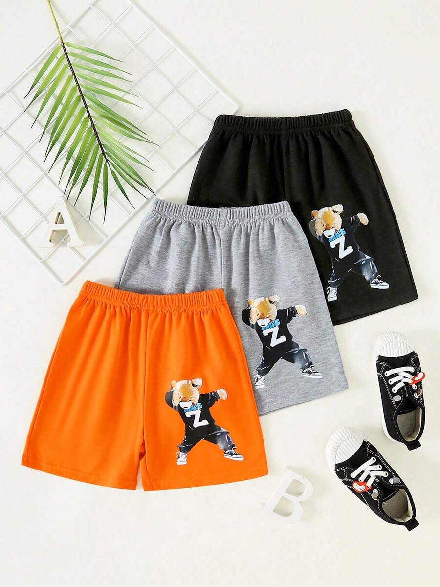 Bộ 3 quần short thể thao cho bé trai 4-8 tuổi, màu cam, xám, đen, in hình gấu hoạt hình dễ thương - Thích hợp cho kỳ nghỉ hè và chơi đùa hàng ngày. - Nhiều màu - Xem 1