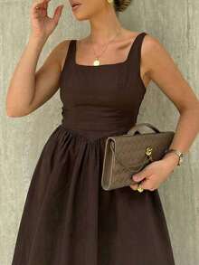 优雅无袖卡其色方领迷你连衣裙，适合夏季派对穿着 - 鏽棕色 - 查看 5