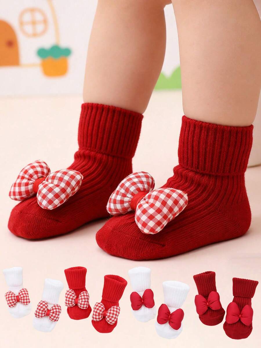 4 Pairs Baby/Toddler Girls Cotton Mid-Calf Socks, All Season, Anti-Slip Dots On Sole For Indoor Wear