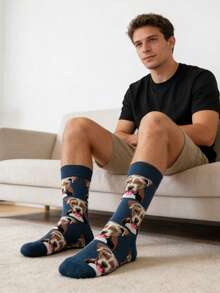 1 双男士藏蓝色底比特犬图案中筒袜，四季皆宜 - 彩色 - 查看 3