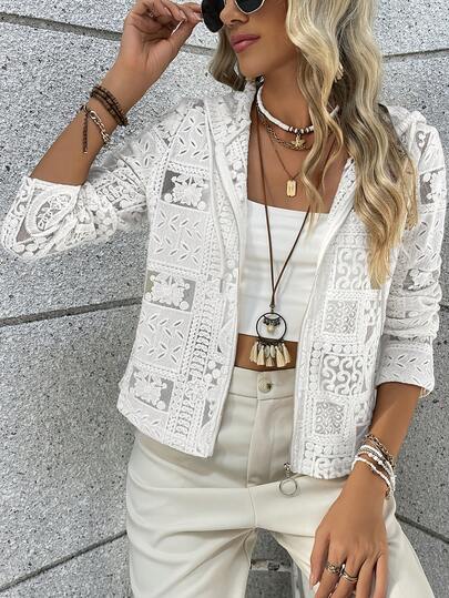 Áo khoác cardigan có mũ, khóa kéo, chất liệu ren móc, kiểu dáng thường ngày, phong cách nghỉ dưỡng.