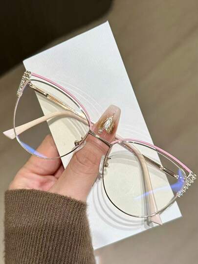 1 Cặp kính gọng kim loại hình bầu dục, unisex, có tròng kính đổi màu - Tròng kính trong suốt, gọng kim loại nửa vành - Giảm mỏi mắt do sử dụng máy tính, tivi, điện thoại và chơi game, cũng có thể dùng làm kính trang trí.