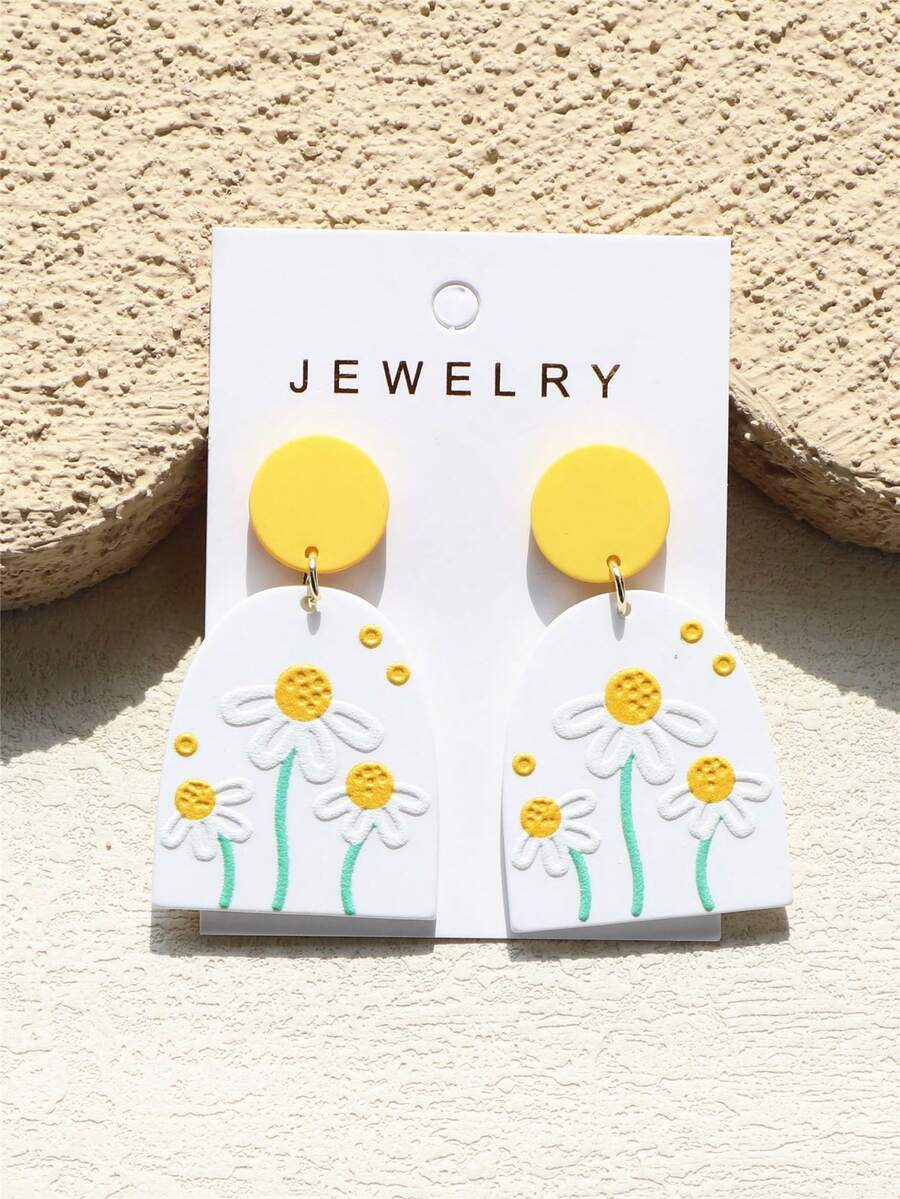 1对女士黄色雏菊印花陶瓷质感亚克力耳环 - 彩色 - 查看 1