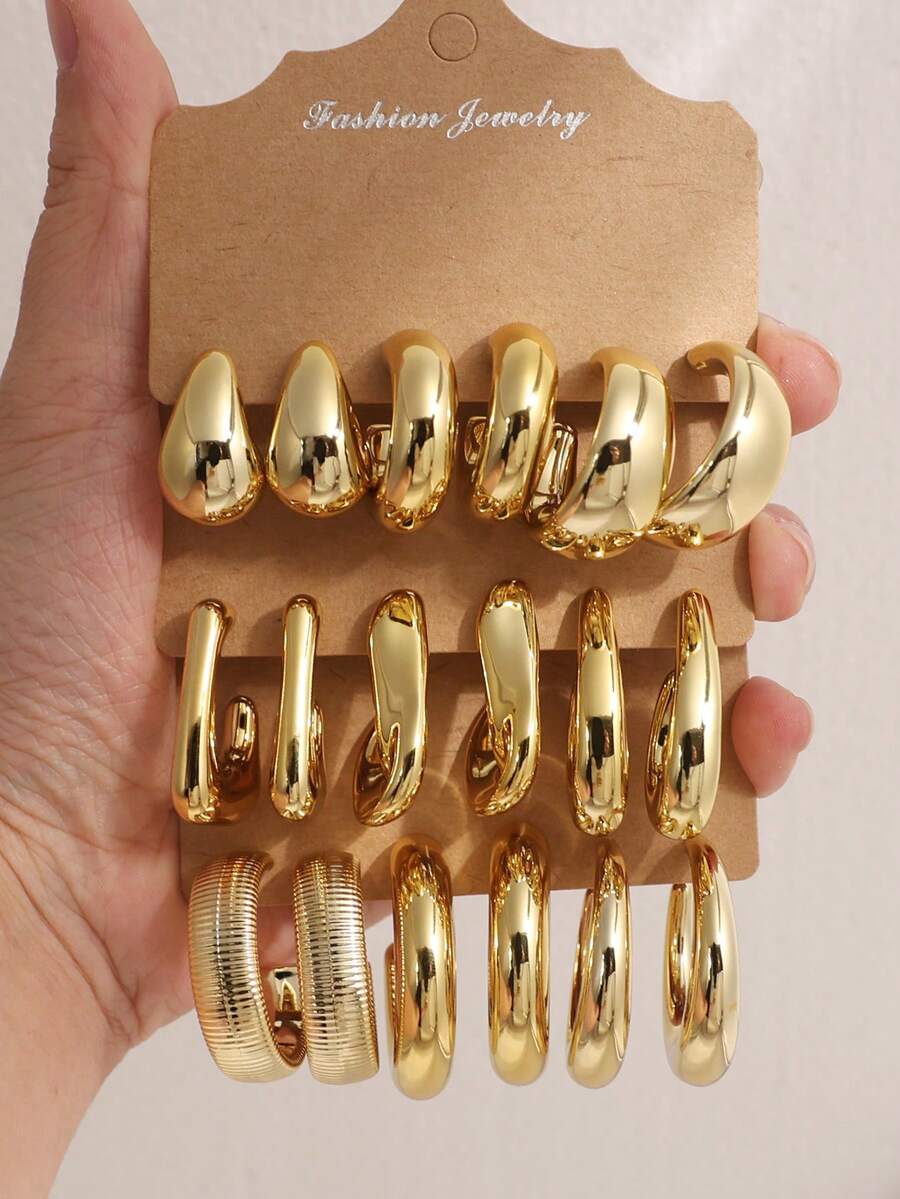 Set de 6-18 piezas de pendientes de moda retro con elementos geométricos y en forma de lágrima, de material CCB ligero, adecuado para uso diario de mujeres - Dorado - Ver 1