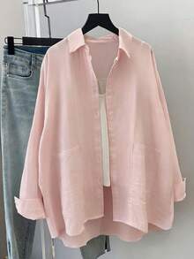Plus Size Women's Solid Color Long Sleeve Casual Loose Blouse, Spring/Summer - Light Pink - View 1