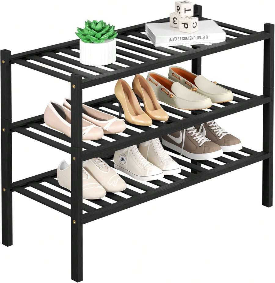3 Tier Bamboo Shoe Rack For Closet Free Standing Wood Shoe Shelf Storage Organizer For Entryway Small Space Stackable 27"X11"X20" (Black) - màu đen - Xem 1