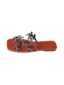 Sandalias planas con puntera cuadrada y hojas con rhinestones para mujer, estilo elegante y lujoso adecuado para uso diario, citas, fiestas y vacaciones - Sandalias planas con puntera cuadrada, hojas y rhinestones en color plateado, Sandalias planas con puntera cuadrada, hojas y rhinestones de colores - Negro - Ver 3