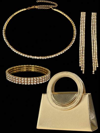 Conjunto de colar, brincos e pulseira com strass para uma luxuosa bolsa clutch brilhante. Bolsa clutch para festas, casamentos românticos, primavera/verão. Bolsa de ombro com corrente, bolsa para noivas, bolsa para baile de formatura, bolsa elegante para vestidos de noite, perfeita para festas, casamentos, bailes de formatura, jantares/banquetes, combinando com vestidos de festa, vestidos de noite e vestidos de lantejoulas.