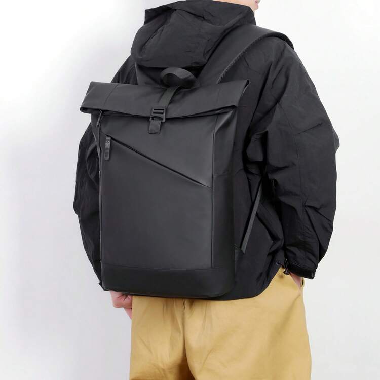 卷边男士双肩包，商务通勤包，学生书包，户外旅行包 - 黑色 - 查看 2