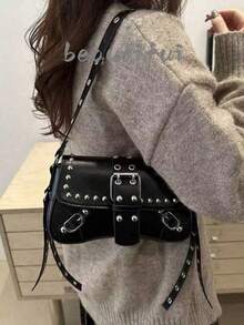 Y2K复古铆钉女士单肩包，新月形斜挎包，休闲日常单肩包，适合购物、装钱包，适合年轻女性、大学生、新手和上班族女性。完美适用于办公室、大学、工作、商务、通勤、户外、旅行和徒步等场合，复古风十足。 - 黑色 - 查看 1
