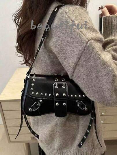 Y2K复古铆钉女士单肩包，新月形斜挎包，休闲日常单肩包，适合购物、装钱包，适合年轻女性、大学生、新手和上班族女性。完美适用于办公室、大学、工作、商务、通勤、户外、旅行和徒步等场合，复古风十足。
