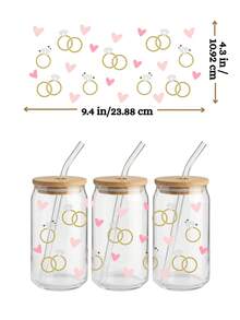 4 件/套 16 盎司玻璃杯 UV DTF 转印贴纸（9.4x4.3 英寸），无需加热，准新娘/伴娘团/妻子图案，粉色心形金婚戒美学，单身派对/新娘送礼会礼物，防水摩擦贴纸，适用于 Libbey 保温杯 DIY - Bride 01 - 查看 5