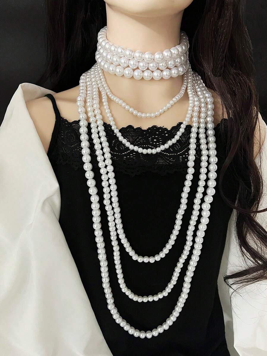 1 Set Women's European And American Fashion Necklace, Multi-Layer Pearl Necklace, Exaggerated Elegant Long Necklace, Choker Necklace, Exaggerated Fashion Pearl Body Chain, Handmade Beaded