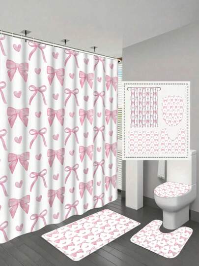 1/4 件套可爱粉色蝴蝶结浴帘套装，现代时尚浴室装饰套装，含免费挂钩，防水浴帘，防滑地垫，马桶盖套，浴室垫，12 个塑料挂钩，可机洗，提花防水涤纶面料