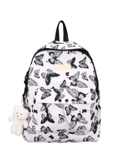 1pc Campus New College Student Backpack, Korean Style Butterfly Bookbag, Large Capacity Backpack, Printed High School Bag