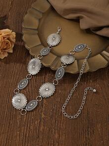 1pc Plus Size Western Style Vintage Floral Engraved Matte Black Textured Metal Waist Chain, Suitable For Pairing With Western Style Jeans, Suitable For Spring, Summer, Autumn And Wintersummer Outfits - Silver Sun - View 6