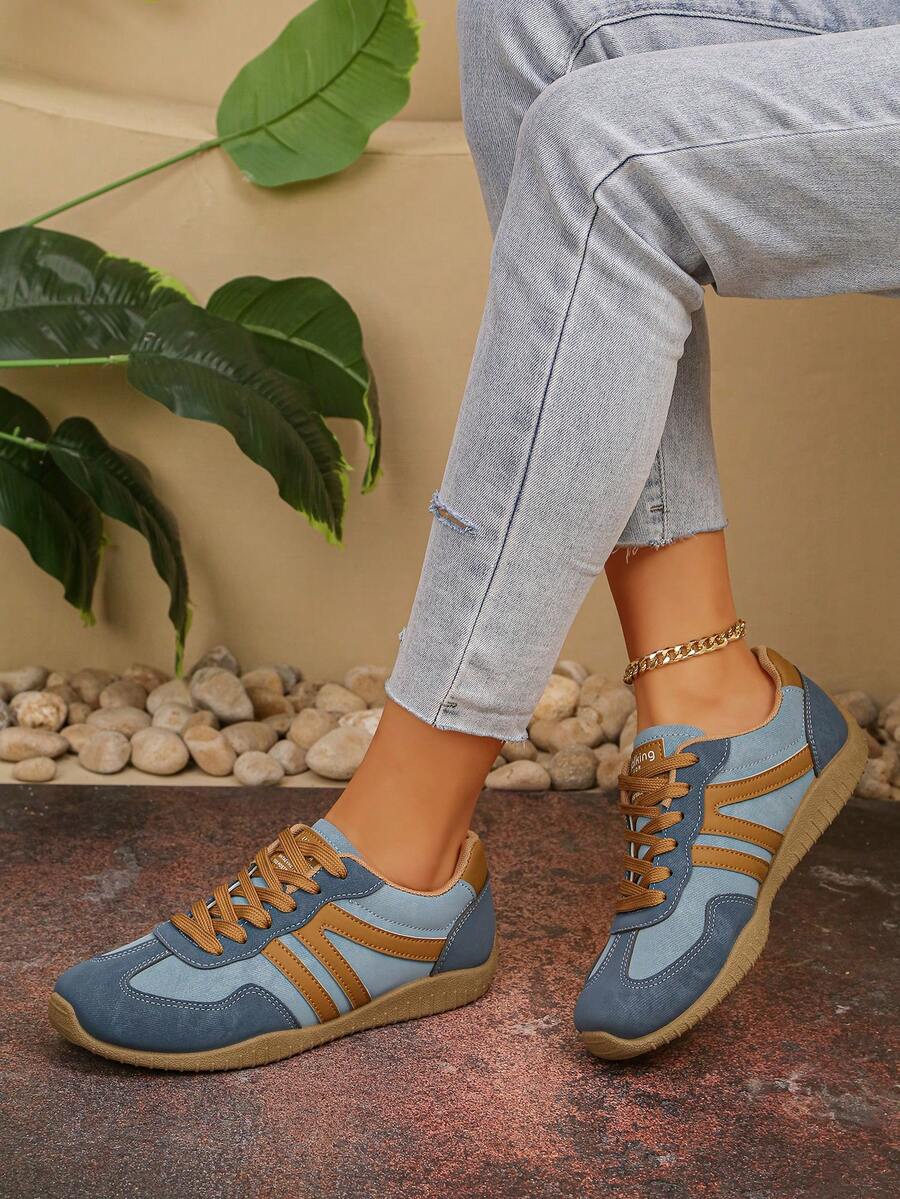 Women's Casual Sneakers, New Versatile Flat Slip-On Shoes, Fashionable Comfortable Lightweight Lace-Up Running Shoes, Breathable Round Toe Trainers - Blue - View 1