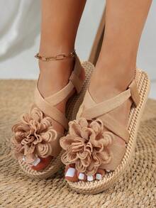 Sandal đế dày, hở mũi, quai chéo, kiểu Bohemian, họa tiết hoa, thích hợp cho nữ đi biển hoặc du lịch. - Màu Khaki - Xem 2