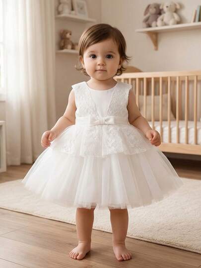 Baby Girls' White Christening Dress, Tulle Mesh Dress With Bow Decor, Princess Dress For 100 Days Party, Birthday, Wedding, Suitable For Infant Girls